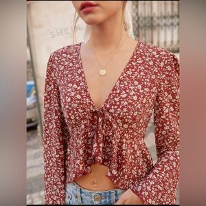 Frenchy Ladies' Short Floral Print Bell Sleeved Cropped Shirt With Tie Front